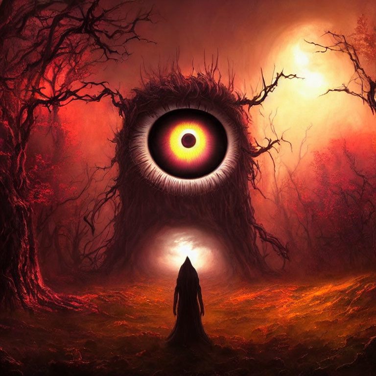 Mysterious figure in misty forest under red sky with colossal eye