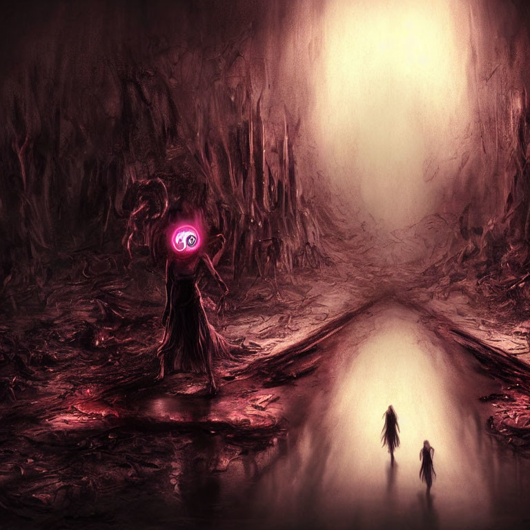 Mystical figure with glowing eye faces two smaller silhouettes in eerie underground scene