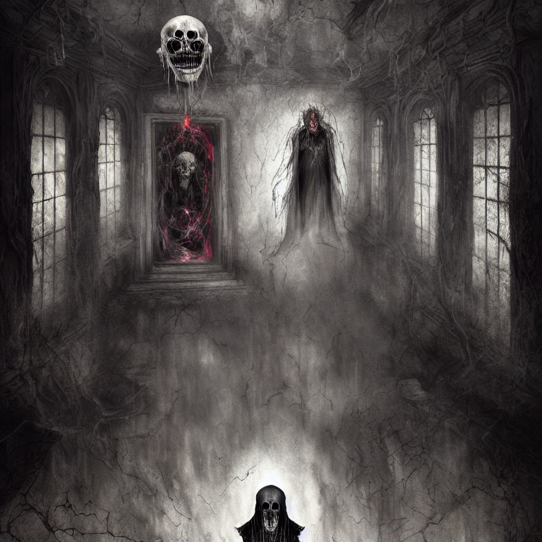 Gothic corridor with mist, floating skull, sinister figures, and grim painting