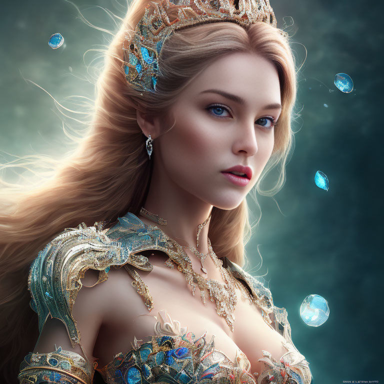 Blonde woman in jeweled crown and armor with blue gems