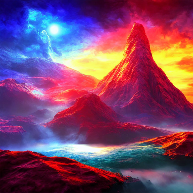 Surreal landscape: vivid red mountains, luminescent blue and pink skies