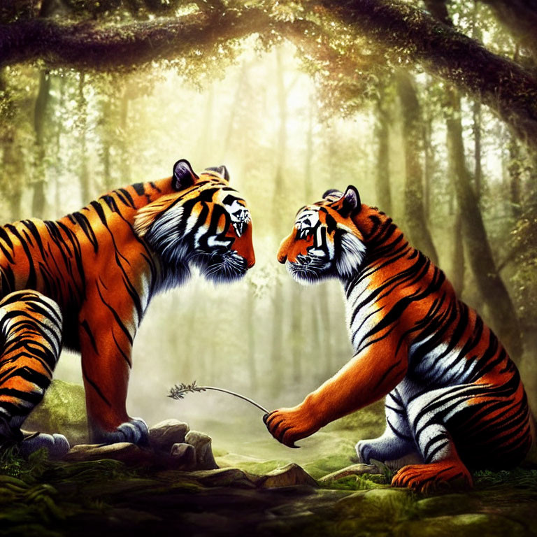 Two Tigers in Sunlit Forest: One Standing, One Sitting