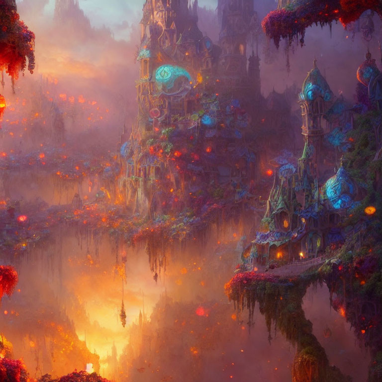 Fantasy landscape with floating islands and magical structures in warm, fiery colors