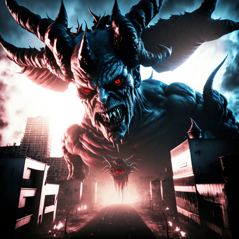 Horned creature with red eyes in dark cityscape under stormy sky