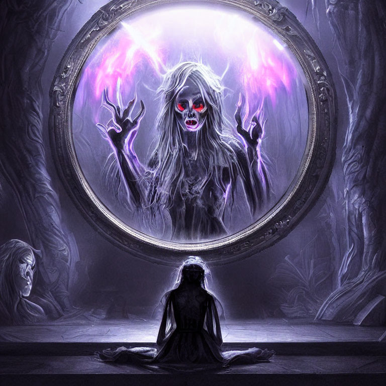 Meditating person in front of mirror with spectral figure in gloomy forest