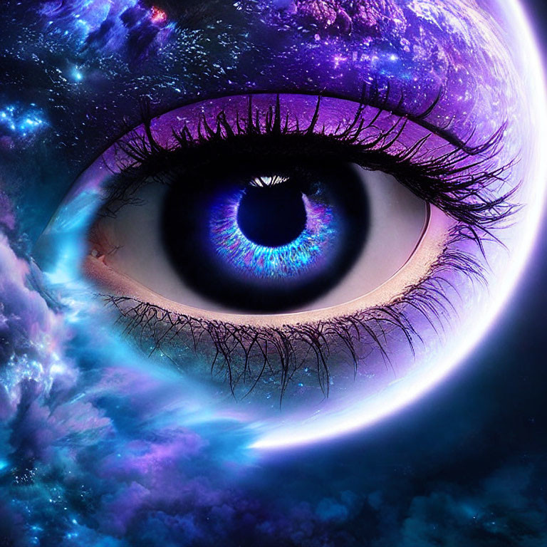 Close-up Human Eye with Cosmic Galaxy Overlay in Vibrant Purple and Blue Hues