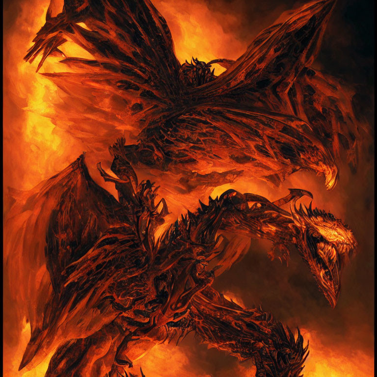 Illustration of fierce dragon soaring amidst swirling flames