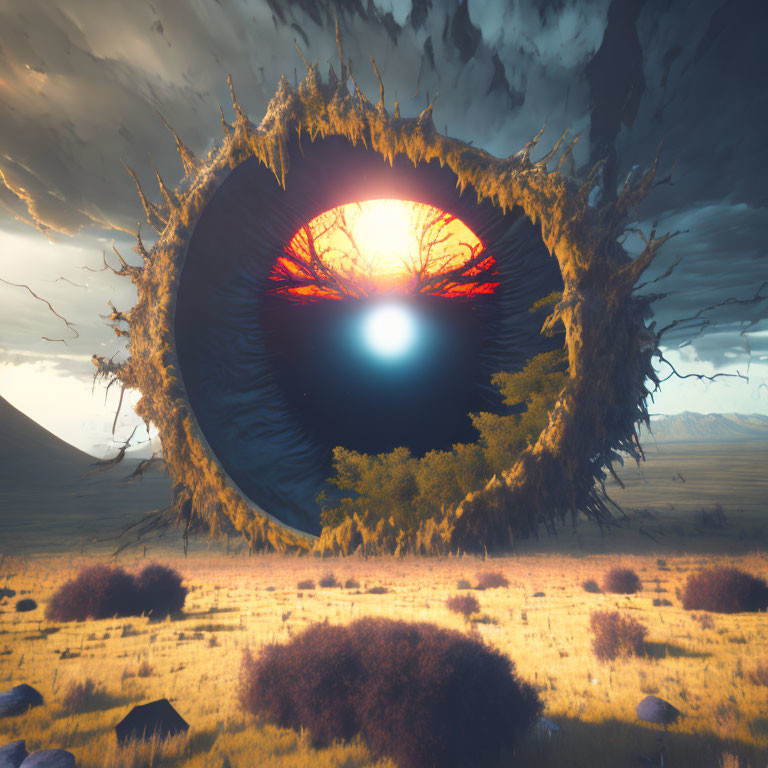 Surreal landscape with circular portal, red sun, and twisted branches