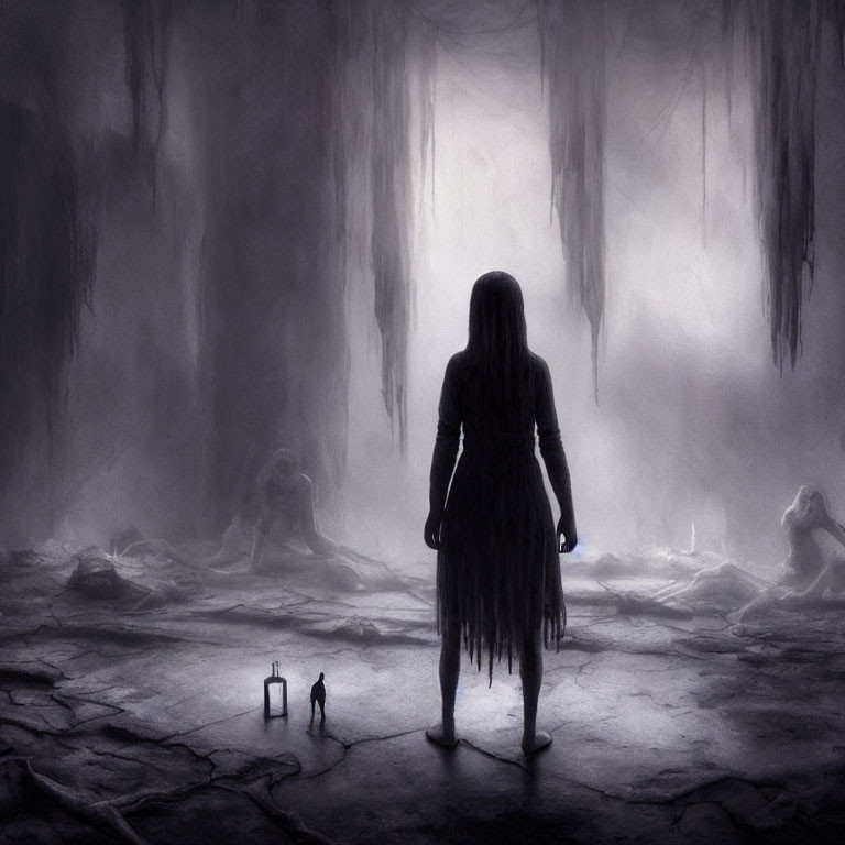 Mysterious woman in cavernous landscape with lantern and eerie figures