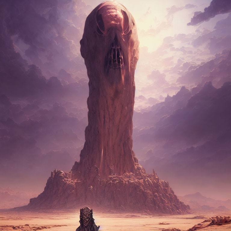 Gigantic skull-shaped structure in desolate landscape under purple sky.