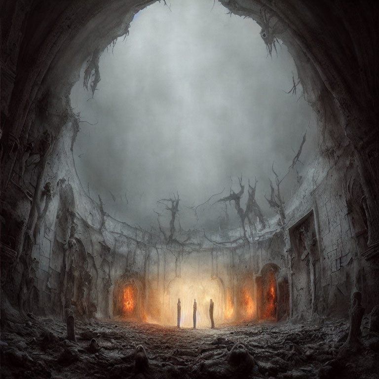 Mysterious Cave Scene with Silhouetted Figures in Fiery Glow