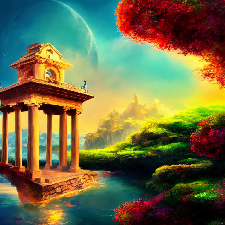 Colorful Fantasy Landscape with Ancient Temple, River, and Moon