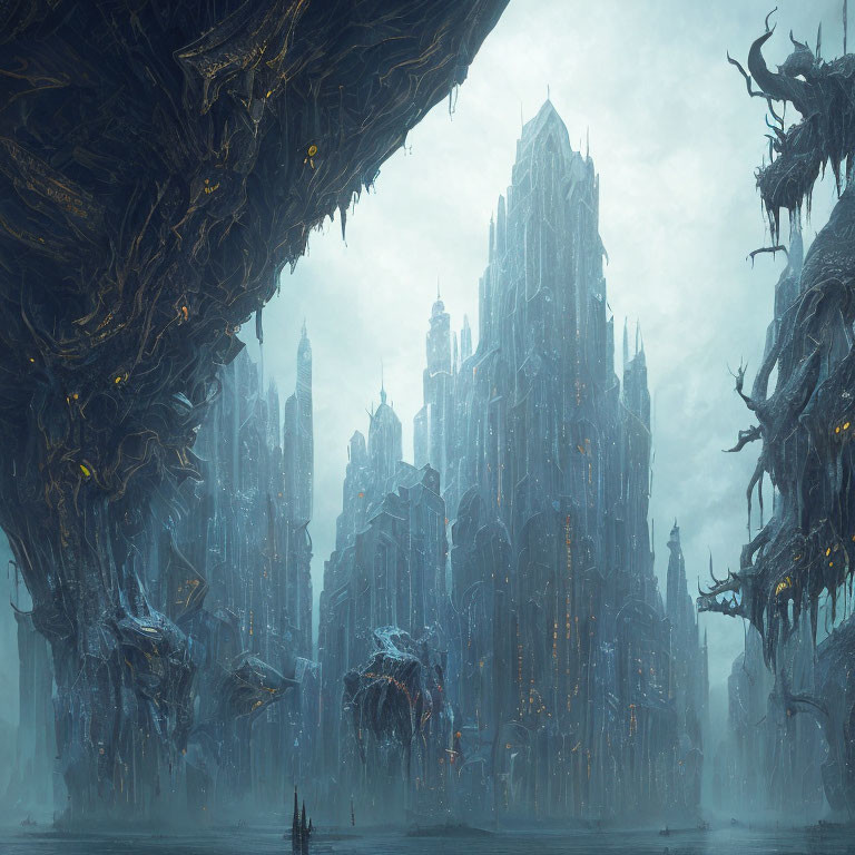 Mystical Gothic city in alien landscape with tree-like structures