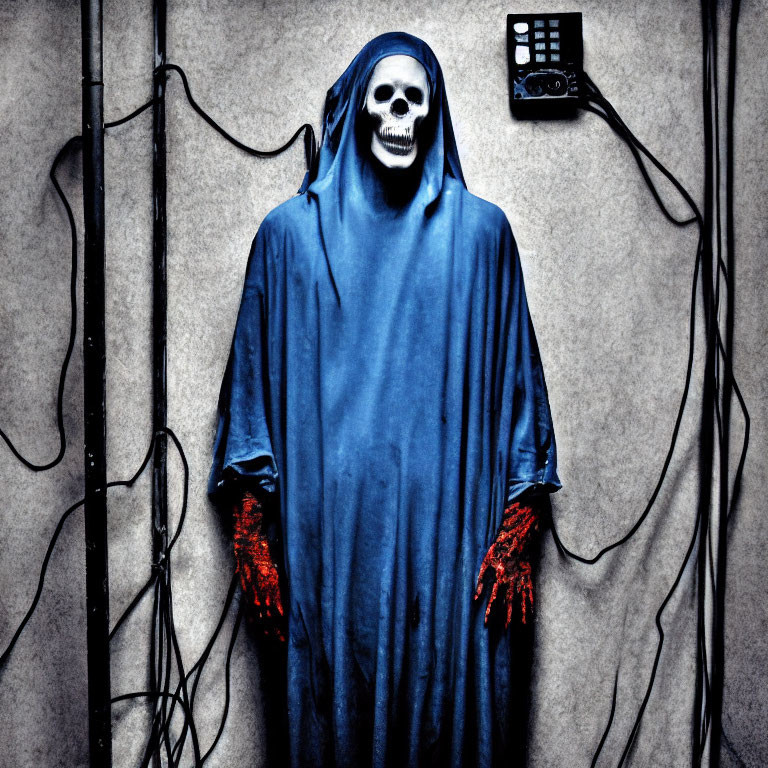 Grim Reaper costume with skull mask, blue cloak, red-stained gloves, standing by wall with