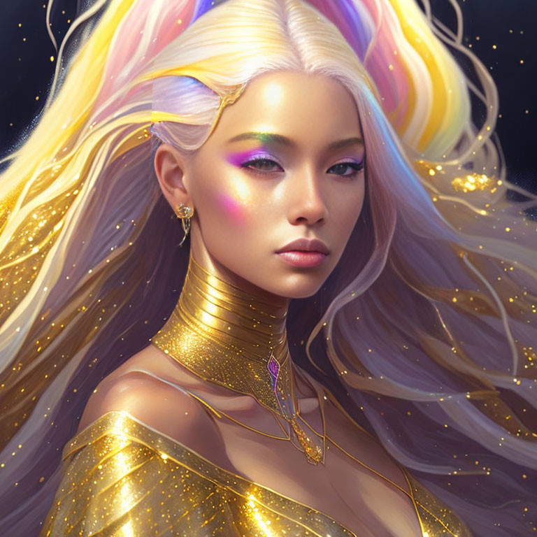 Multicolored hair woman portrait in gold-trimmed attire on starry night background