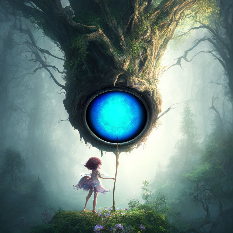 Girl in mystical forest with huge tree and glowing blue eye