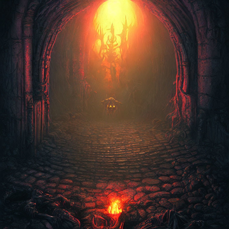 Foreboding Stone Archway with Demonic Figure in Ominous Chamber