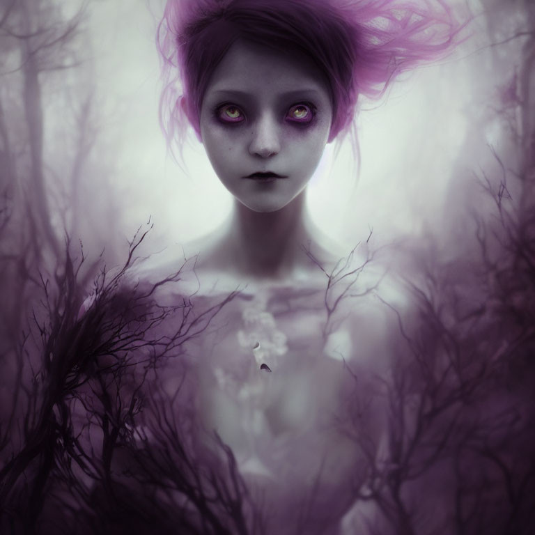 Surreal portrait: girl with purple hair and eyes in misty forest