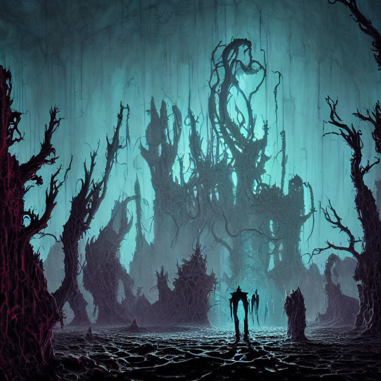 Silhouetted Figures in Twisted Forest with Mysterious Structure