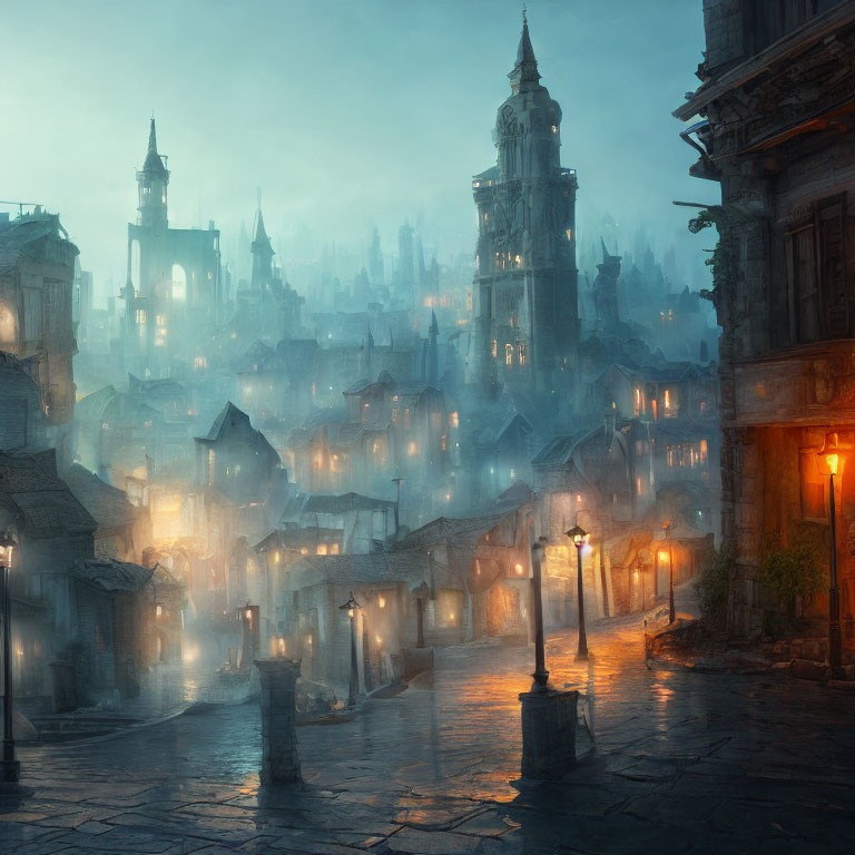 Misty cobblestoned fantasy city at dusk with glowing lanterns