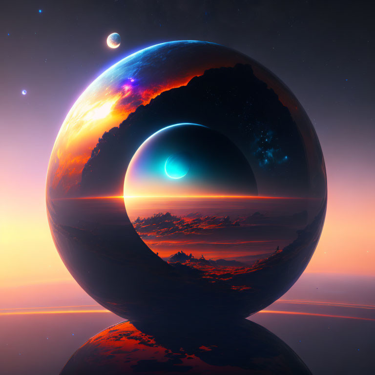 Surreal cosmic landscape with glossy spheres and serene horizon