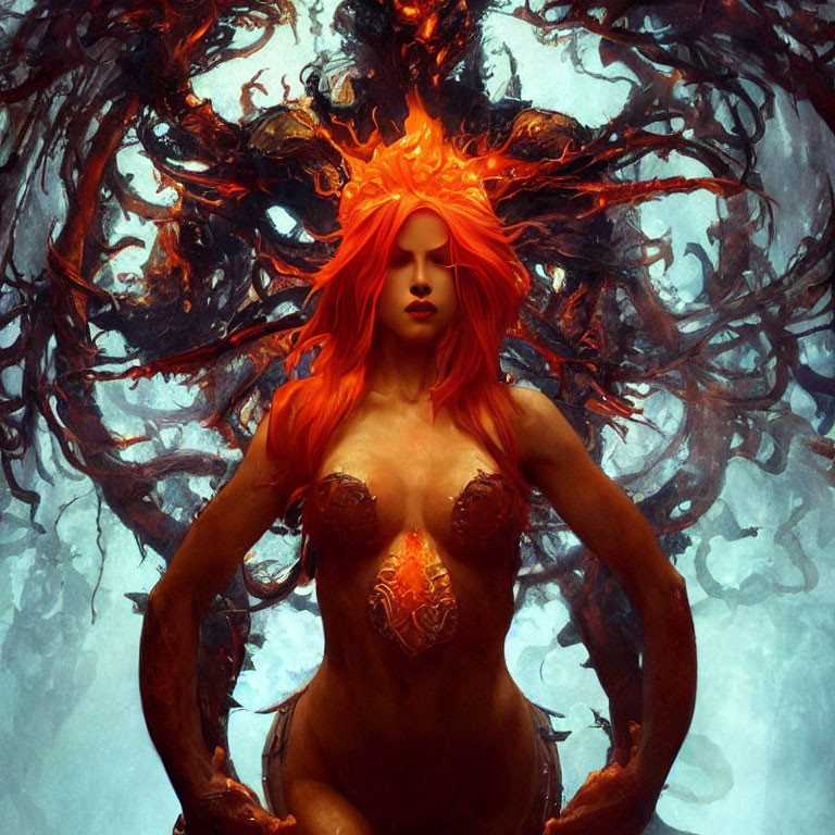 Fiery-Haired Female Figure with Glowing Eyes in Dark Swirling Tendrils