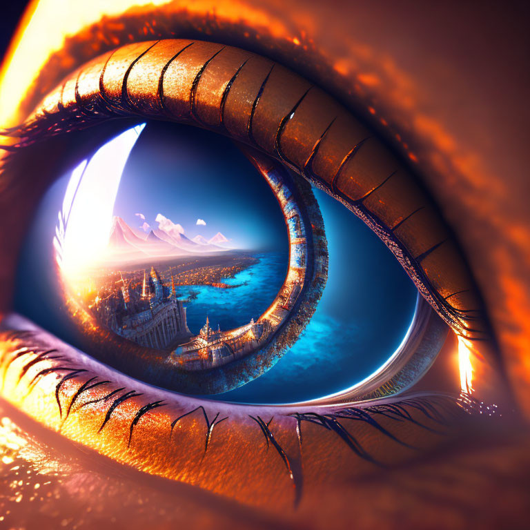 Stylized eye with fantastical landscape reflection in iris