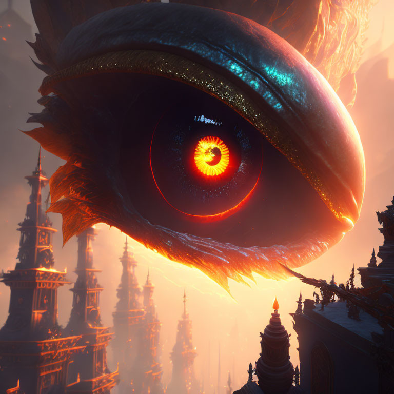 Gothic architecture fantasy cityscape with colossal glowing eye