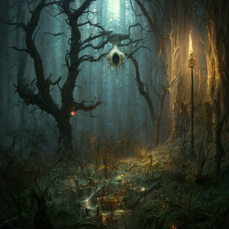 Enchanted forest with glowing lanterns and magical artifact in foggy setting