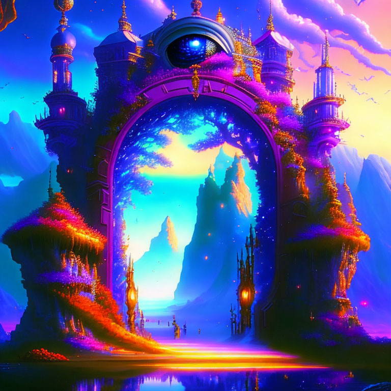 Fantasy landscape with ornate gate, towering cliffs, colorful sky, and serene river