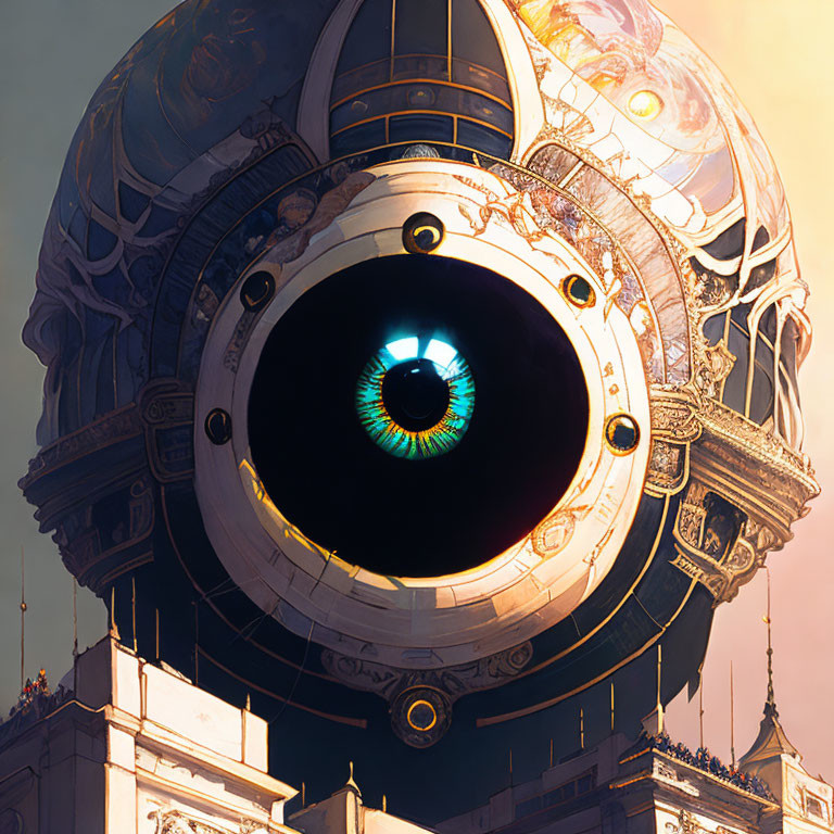 Gigantic ornate sphere with giant iris under bright sky