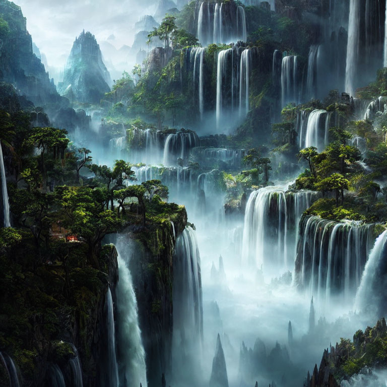 Mystical landscape with cascading waterfalls and lush greenery