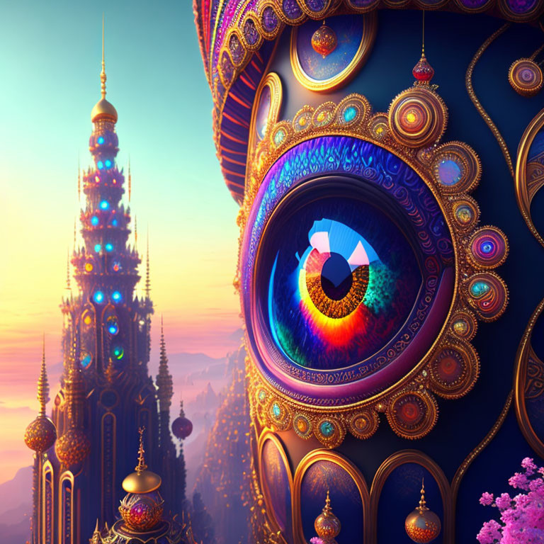 Intricate, ornate cityscape with peacock feather motif against warm sky