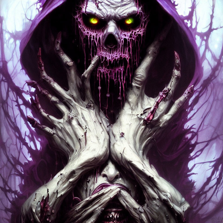 Spooky skull with glowing eyes, purple ooze, hood, and twisted hands