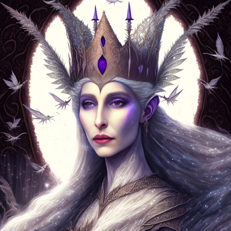 Ethereal elf queen with regal crown and purple gemstone in mystical setting