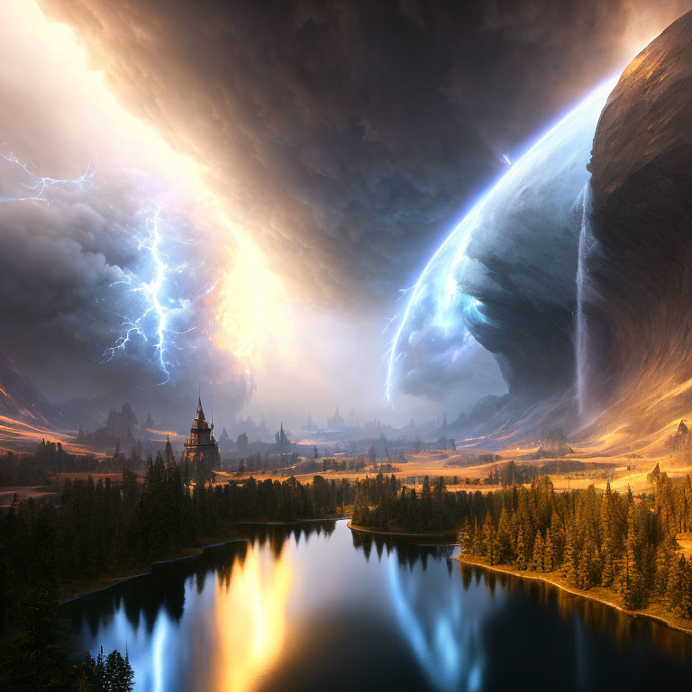 Fantastical landscape with castle, lightning storm, colossal planet, and serene lake.