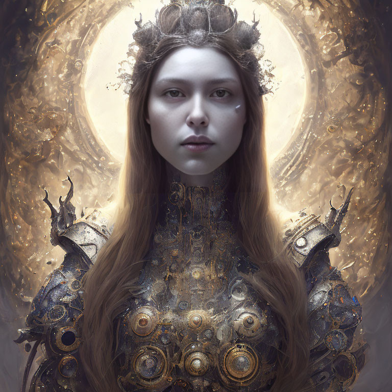 Ethereal woman in metallic armor with glowing halo.