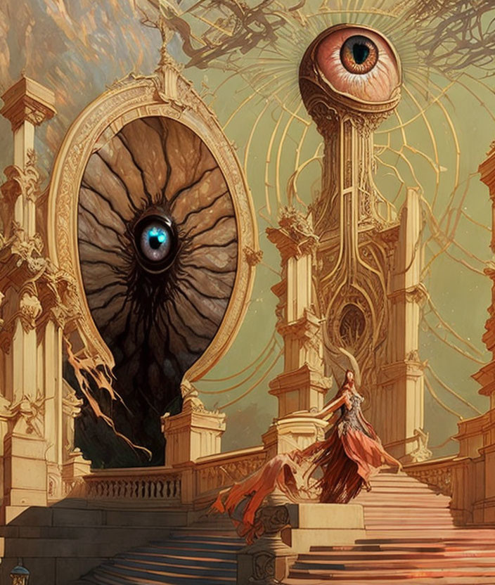 Woman in flowing red dress climbing grand stairs towards colossal ornate eye in surreal baroque-style setting with