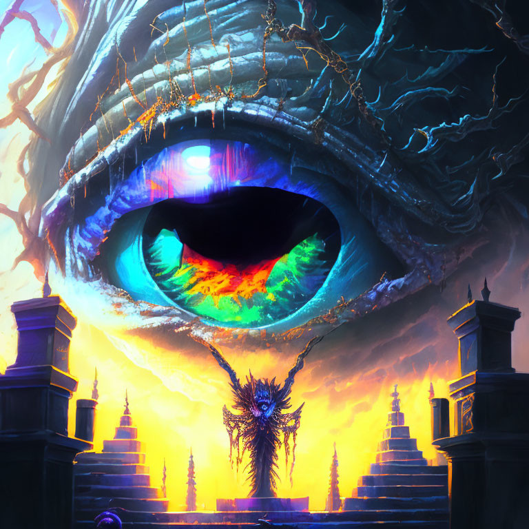 Giant iridescent eye over mystical landscape with silhouetted figures