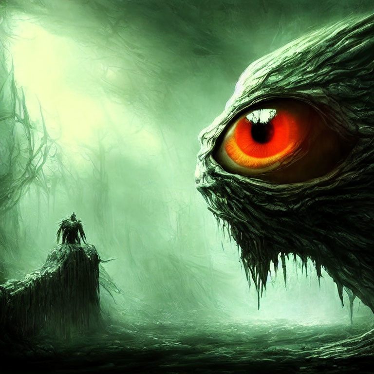 Mysterious green forest with giant eye and distant figure