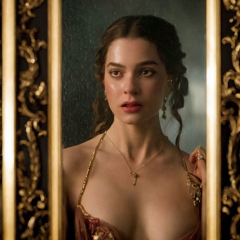 Pensive woman in red dress with wavy hair gazes into ornate mirror