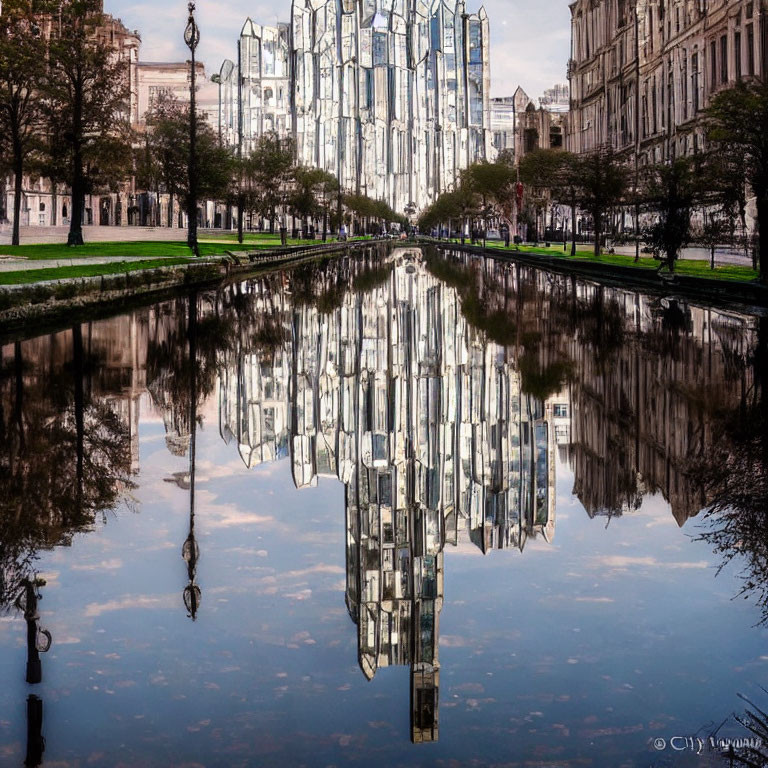 Tranquil cityscape mirrored in canal with greenery and blue sky