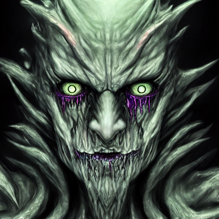 Fantasy creature with green eyes, sharp features, and purple liquid accents