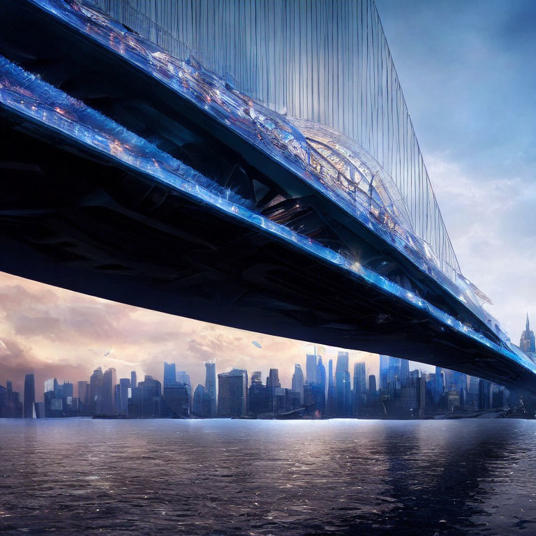 Futuristic bridge with sleek designs and glowing lights over calm water in modern city skyline at dusk