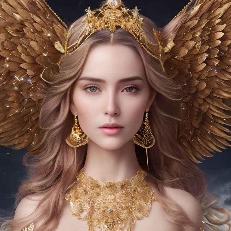 Portrait of Woman with Golden Feathered Wings and Jewelry Against Starry Background