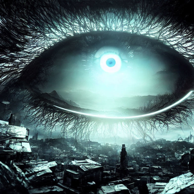 Surreal image of giant eye over dystopian cityscape
