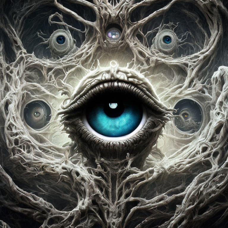 Surreal artwork with central eye, intricate root-like textures, and mystical smaller eyes.