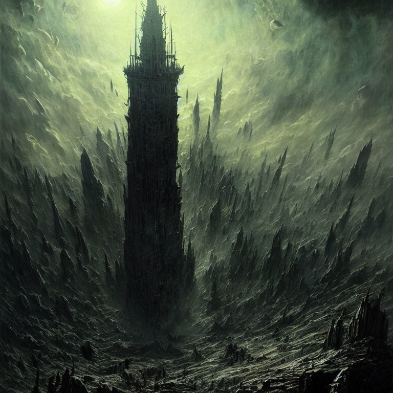 Dark spire in rocky landscape under pale moonlit sky