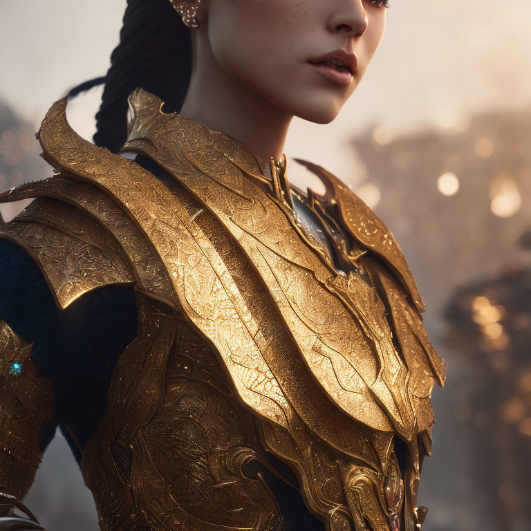 Woman in Elaborate Golden Armor Under Warm Lighting