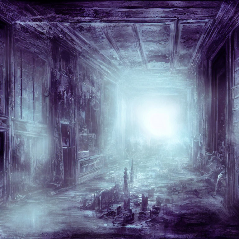 Desolate hallway with blue light, debris, and glowing end